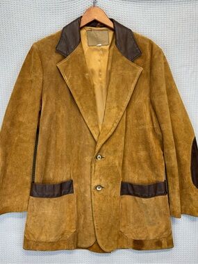 Vtg 70’s Carmel Brown Suede Blazer Jacket Leather Elbow Patches Old Western Med